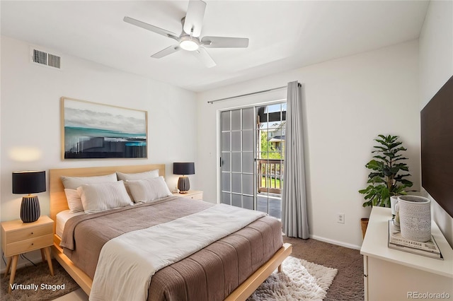 carpeted bedroom with access to exterior, baseboards, and a ceiling fan