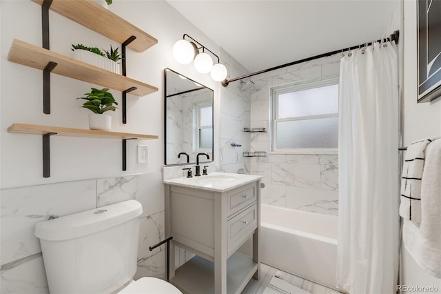 2090 Irving St, Denver, CO 80211 - bathroom with tile walls, shower / bath combo, toilet, vanity, and marble finish floors