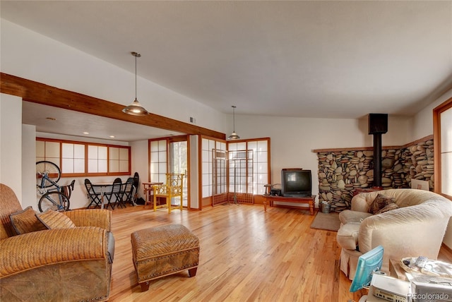 6805 Marshmerry Ln, Evergreen, CO 80439 - living area featuring light wood-style flooring and a wood stove