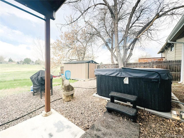 view of patio with a fenced backyard, an outdoor structure, a hot tub, and a shed