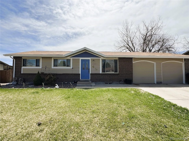 ranch-style house featuring brick siding, a garage, concrete driveway, and entry steps