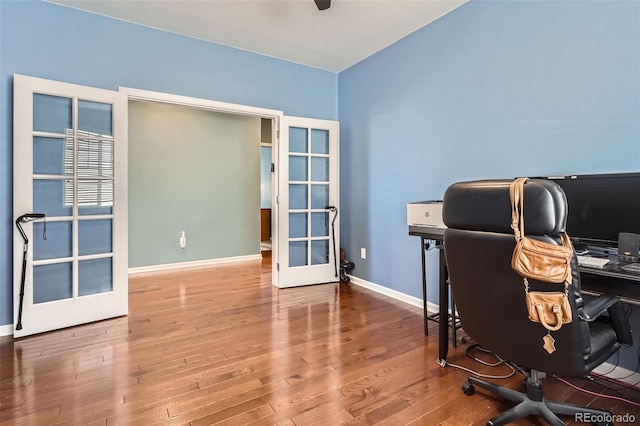 25561 E 5th Pl, Aurora, CO 80018 - office area with french doors, wood finished floors, baseboards, and ceiling fan