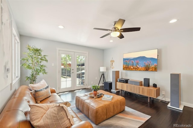 living area featuring ceiling fan, french doors, recessed lighting, and wood finished floors
