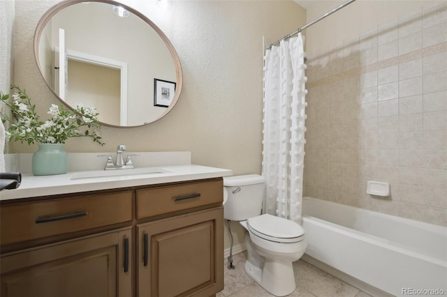 full bathroom featuring tile patterned flooring, vanity, shower / bathtub combination with curtain, and toilet