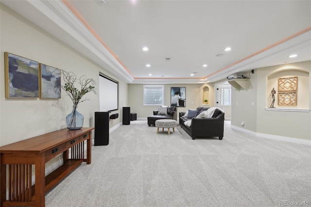 carpeted living room featuring a raised ceiling