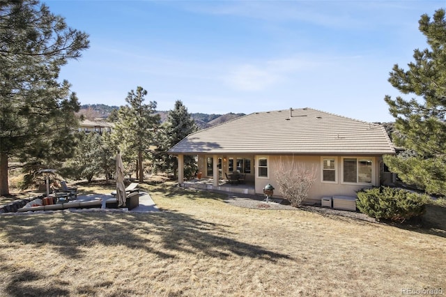 rear view of house with a patio and a lawn