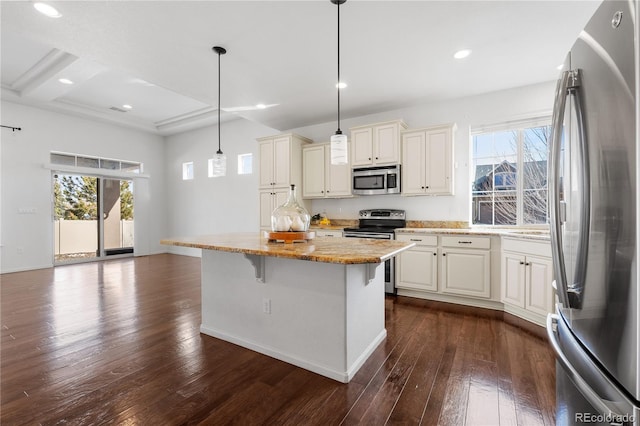 kitchen featuring light stone counters, a healthy amount of sunlight, dark wood-style flooring, and stainless steel appliances