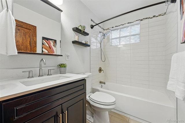 3928 Zuni St, Denver, CO 80211 - full bath featuring toilet,  shower combination, vanity, and tile patterned floors