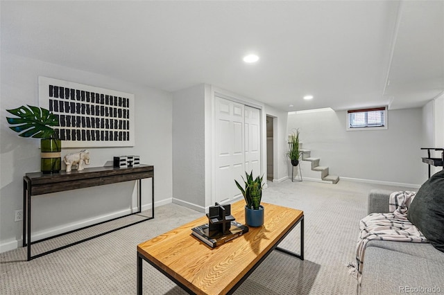 3928 Zuni St, Denver, CO 80211 - living room with carpet, baseboards, stairway, and recessed lighting