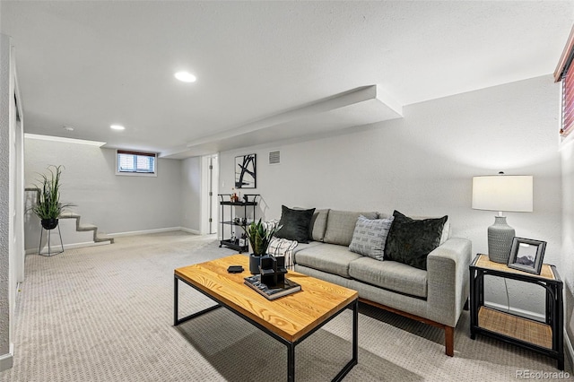3928 Zuni St, Denver, CO 80211 - living area with baseboards, light carpet, stairway, and recessed lighting