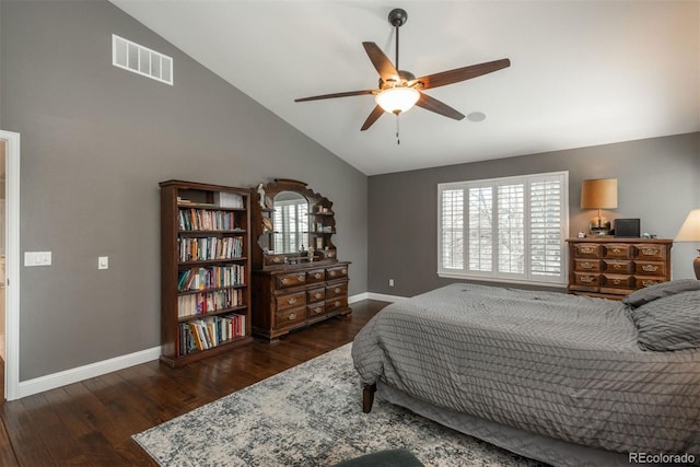 bedroom with wood finished floors, baseboards, high vaulted ceiling, and ceiling fan