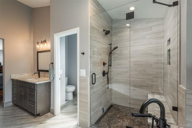 bathroom with a shower stall, toilet, vanity, and wood finished floors