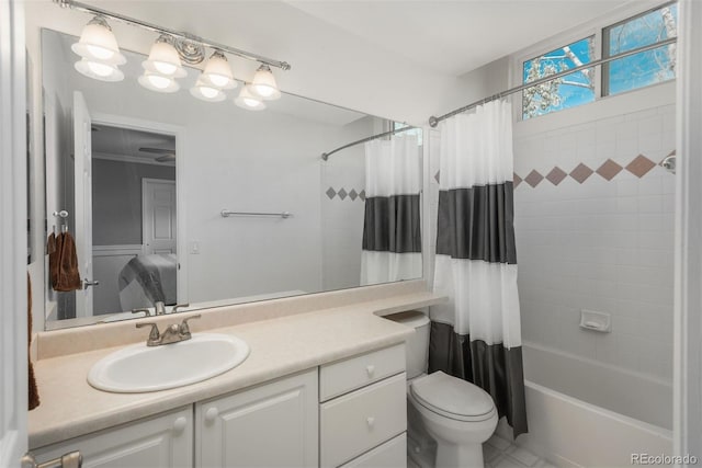 bathroom with vanity, toilet, and shower / bath combination with curtain