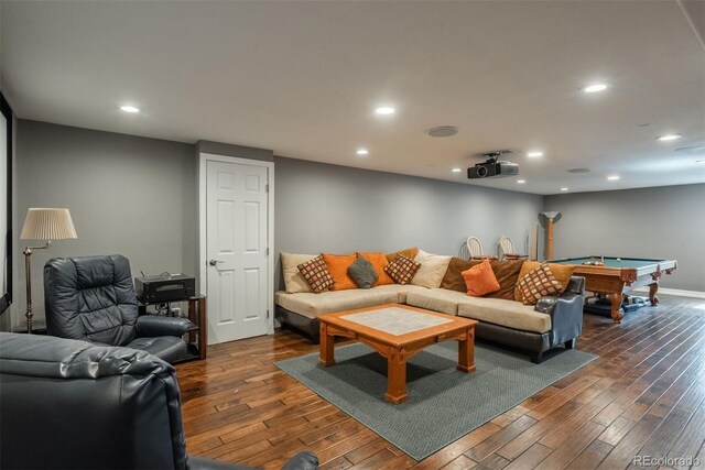 living room with dark wood finished floors, recessed lighting, billiards, and baseboards