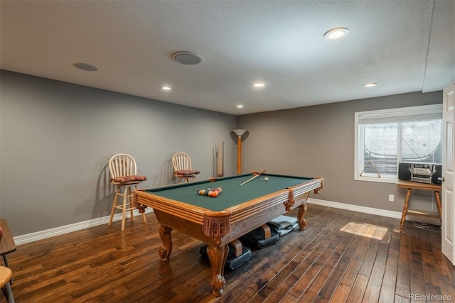 playroom with dark wood-type flooring, baseboards, billiards, recessed lighting, and a textured ceiling