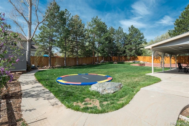 view of yard featuring a patio area and a trampoline