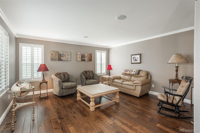 living area featuring crown molding, dark wood finished floors, baseboards, and plenty of natural light