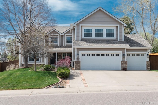 9325 Lark Sparrow Dr, Highlands Ranch, CO 80126 - view of front of home featuring driveway, a shingled roof, an attached garage, a porch, and brick siding