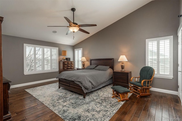 9325 Lark Sparrow Dr, Highlands Ranch, CO 80126 - bedroom with dark wood-style flooring, high vaulted ceiling, and ceiling fan