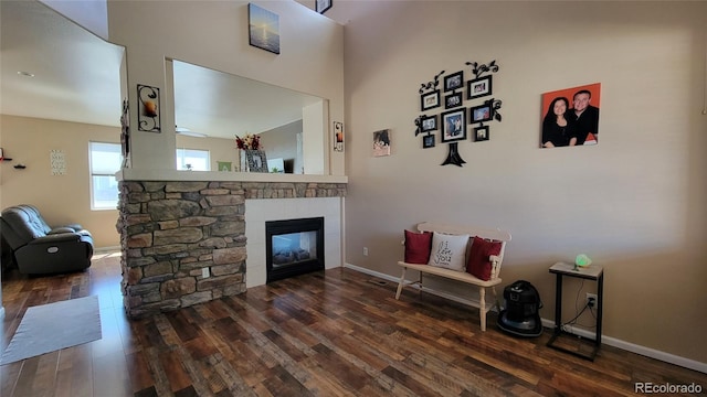 4214 Widener St, Pueblo, CO 81008 - living area with wood finished floors, a stone fireplace, and baseboards
