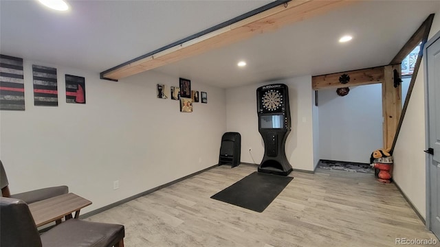 4214 Widener St, Pueblo, CO 81008 - workout room featuring light wood finished floors, recessed lighting, and baseboards