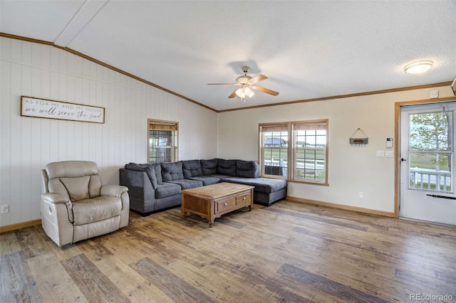 15650 W Valdez Cir, Peyton, CO 80831 - living room with light wood-style flooring, healthy amount of natural light, ornamental molding, ceiling fan, and vaulted ceiling
