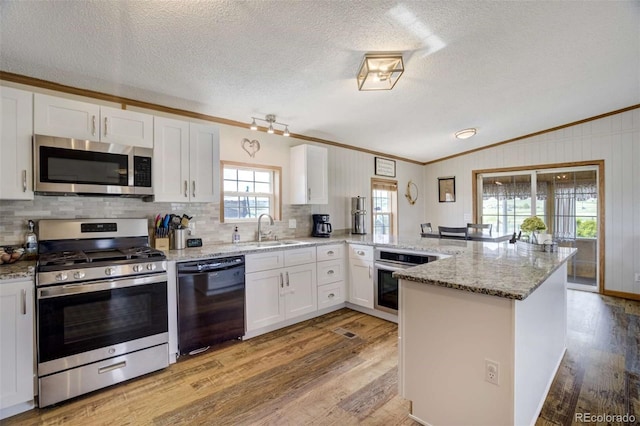 15650 W Valdez Cir, Peyton, CO 80831 - kitchen featuring stainless steel appliances, a peninsula, crown molding, light wood-style flooring, and white cabinets