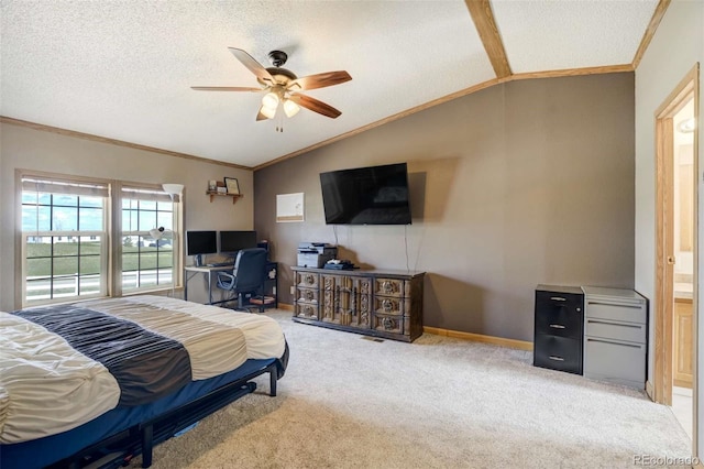 15650 W Valdez Cir, Peyton, CO 80831 - carpeted bedroom featuring vaulted ceiling, ornamental molding, a desk, a textured ceiling, and a ceiling fan