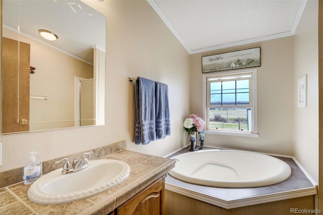 15650 W Valdez Cir, Peyton, CO 80831 - full bathroom with crown molding, vanity, a bath, and a shower with shower door