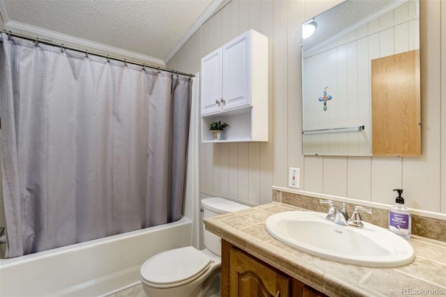 15650 W Valdez Cir, Peyton, CO 80831 - bathroom with crown molding, a textured ceiling, toilet, vanity, and shower / bath combo