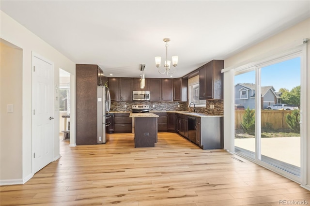 kitchen with sink, appliances with stainless steel finishes, hanging light fixtures, dark brown cabinets, and a center island