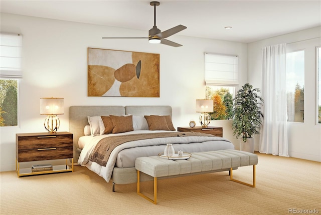 carpeted bedroom with ceiling fan