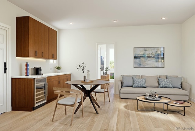 living room featuring light hardwood / wood-style flooring and beverage cooler