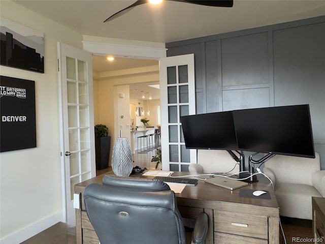 office featuring ceiling fan and french doors