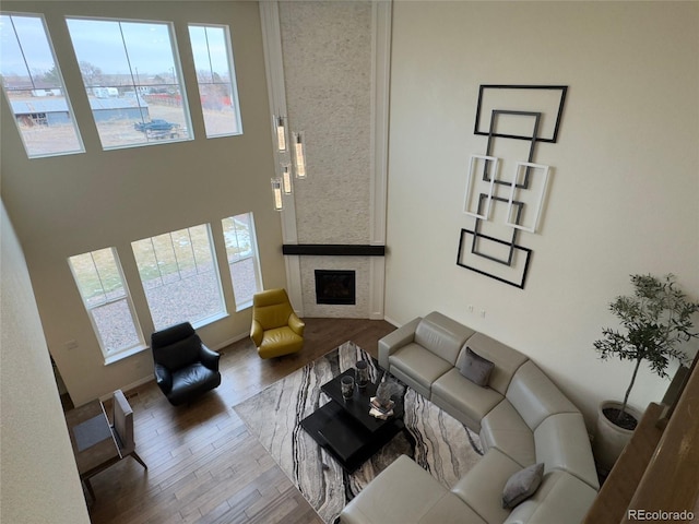 living room with hardwood / wood-style floors and a stone fireplace