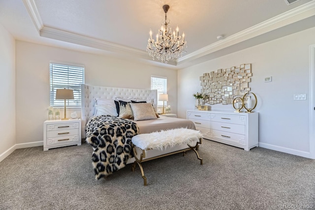 7253 S Valleyhead Ct, Aurora, CO 80016 - bedroom with ornamental molding, a raised ceiling, a chandelier, and carpet