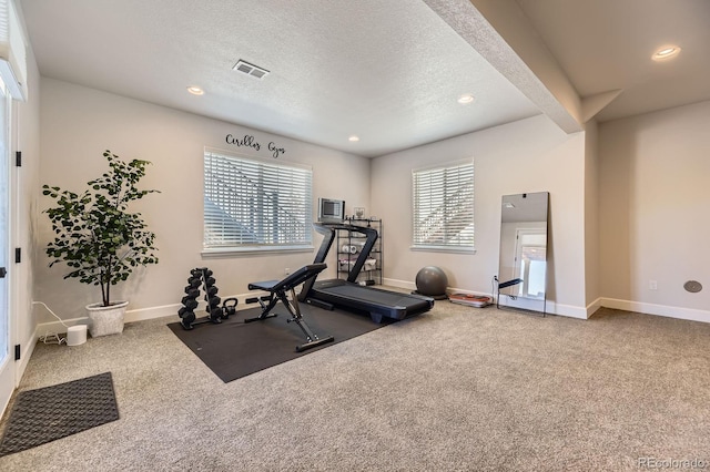 7253 S Valleyhead Ct, Aurora, CO 80016 - workout room featuring a textured ceiling, carpet flooring, and recessed lighting