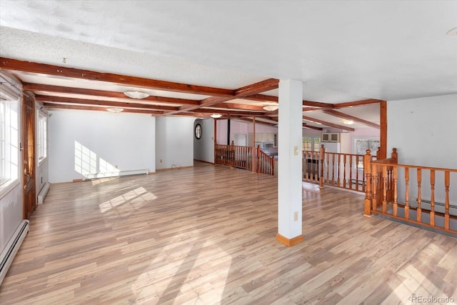 7032 County Road 156c, Salida, CO 81201 - interior space with a baseboard radiator, wood finished floors, beam ceiling, and baseboards