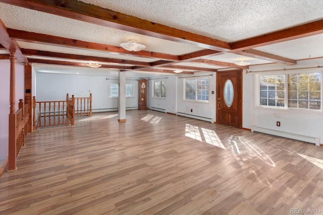 7032 County Road 156c, Salida, CO 81201 - entrance foyer with a baseboard radiator, wood finished floors, a textured ceiling, and beamed ceiling