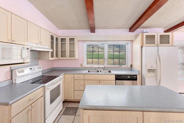 7032 County Road 156c, Salida, CO 81201 - kitchen featuring under cabinet range hood, beam ceiling, white appliances, and a sink