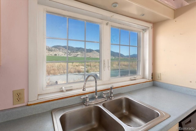 interior details featuring a mountain view and sink