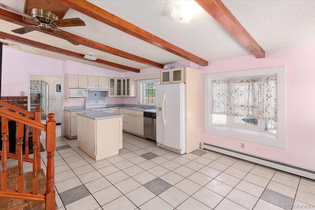 kitchen featuring white appliances, ceiling fan, a baseboard heating unit, lofted ceiling with beams, and a center island