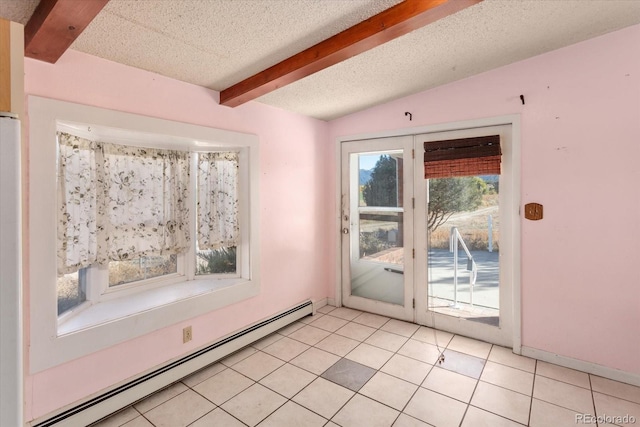 doorway with vaulted ceiling with beams, light tile patterned floors, a textured ceiling, and a baseboard heating unit