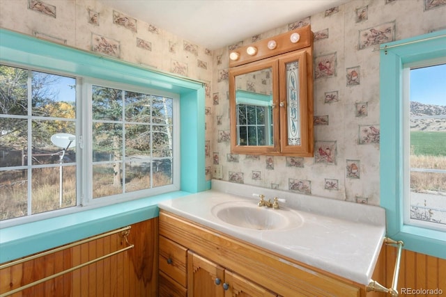 7032 County Road 156c, Salida, CO 81201 - bathroom with vanity, a mountain view, and wallpapered walls
