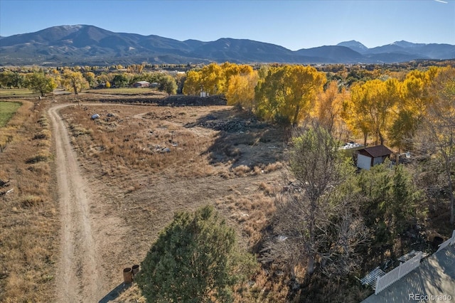 drone / aerial view featuring a mountain view