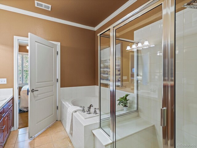 11962 W Long Cir Unit 203, Littleton, CO 80127 - full bath featuring tile patterned flooring, crown molding, a bath, vanity, and a shower stall