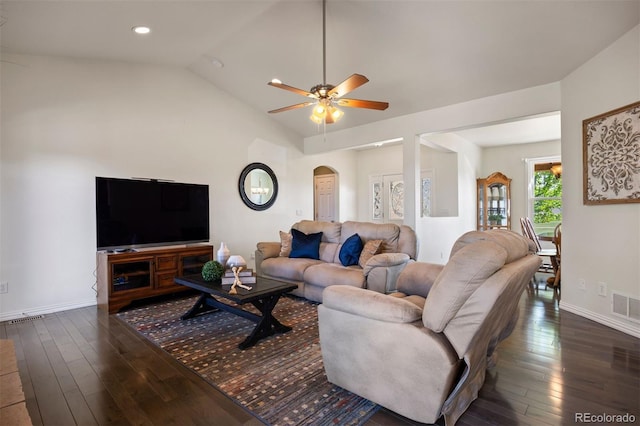 3519 Zane Gray Loop, Parker, CO 80138 - living area with arched walkways, hardwood / wood-style floors, lofted ceiling, ceiling fan, and baseboards