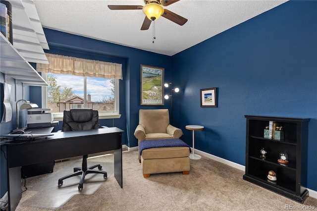 6307 Monterey Pl, Highlands Ranch, CO 80130 - office with a ceiling fan, carpet flooring, a textured ceiling, and baseboards
