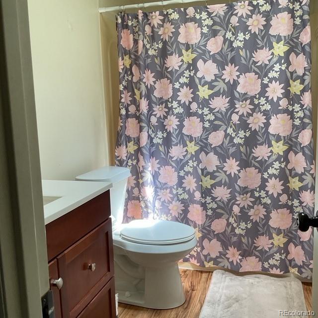 696 Calle De La Nieva, Florissant, CO 80816 - full bath with vanity, wood finished floors, toilet, wallpapered walls, and curtained shower