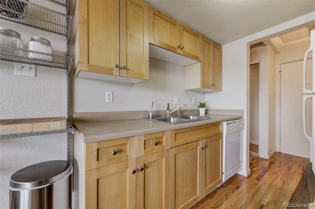 kitchen featuring light brown cabinetry, a sink, light countertops, white appliances, and light wood-style flooring